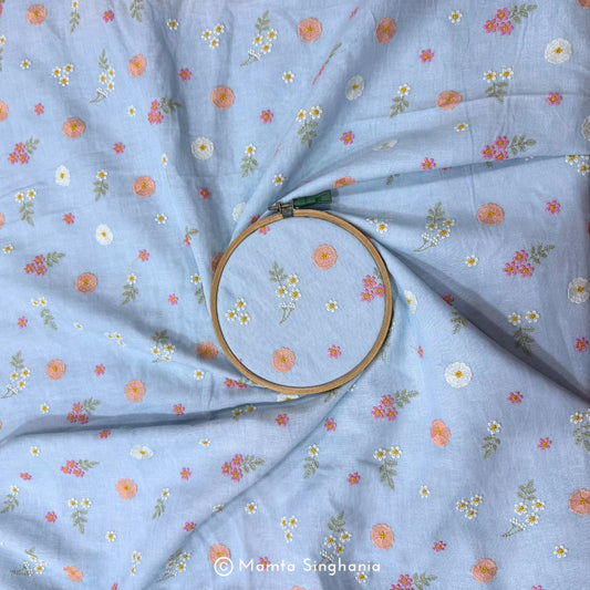Sky Blue Floral Embroidered Linen Fabric