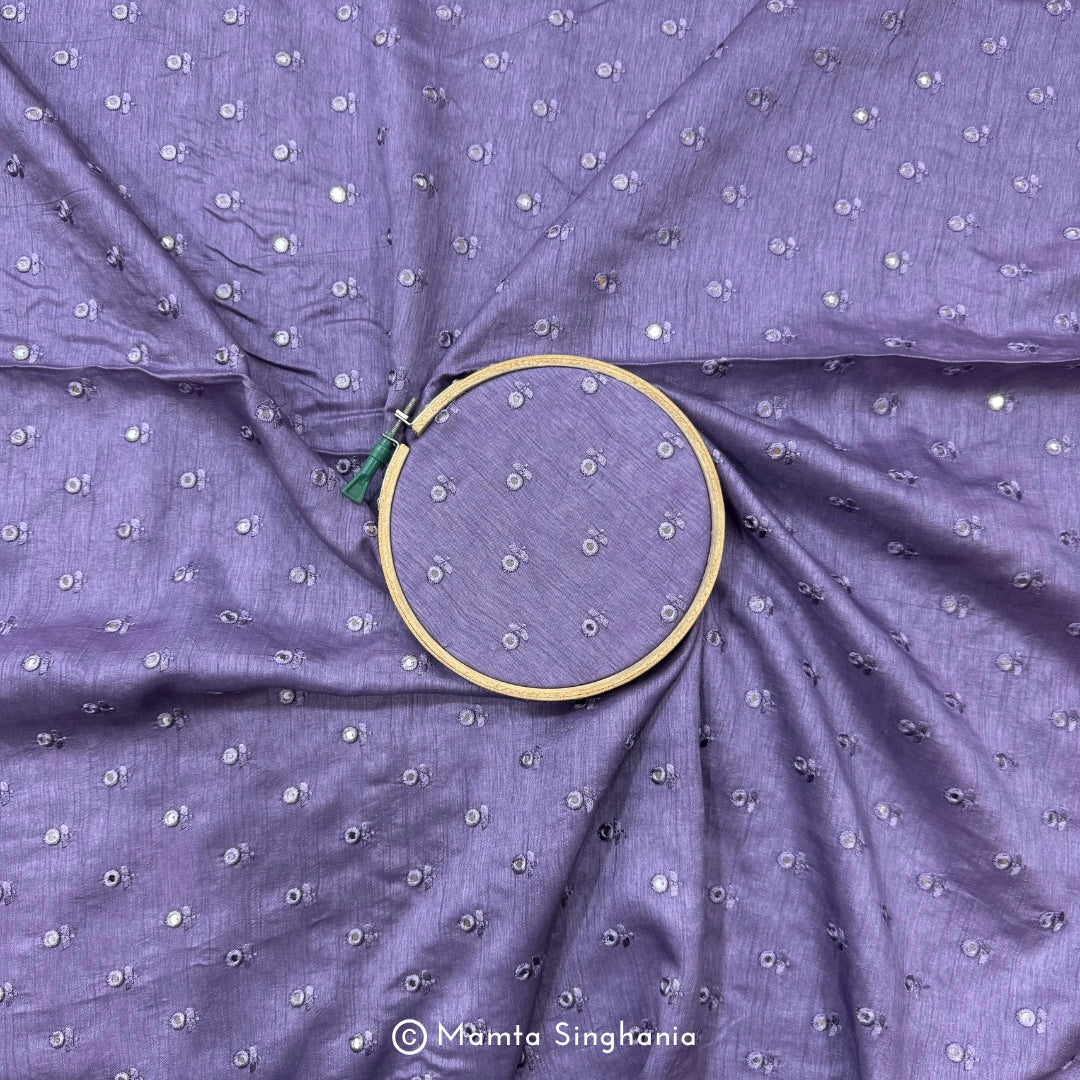 Pastel Violet Mirror Work Embroidered Raw Silk Fabric
