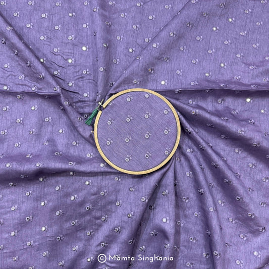 Pastel Violet Mirror Work Embroidered Raw Silk Fabric