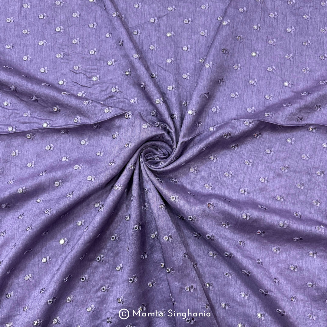 Pastel Violet Mirror Work Embroidered Raw Silk Fabric