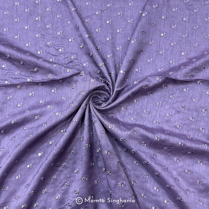 Pastel Violet Mirror Work Embroidered Raw Silk Fabric