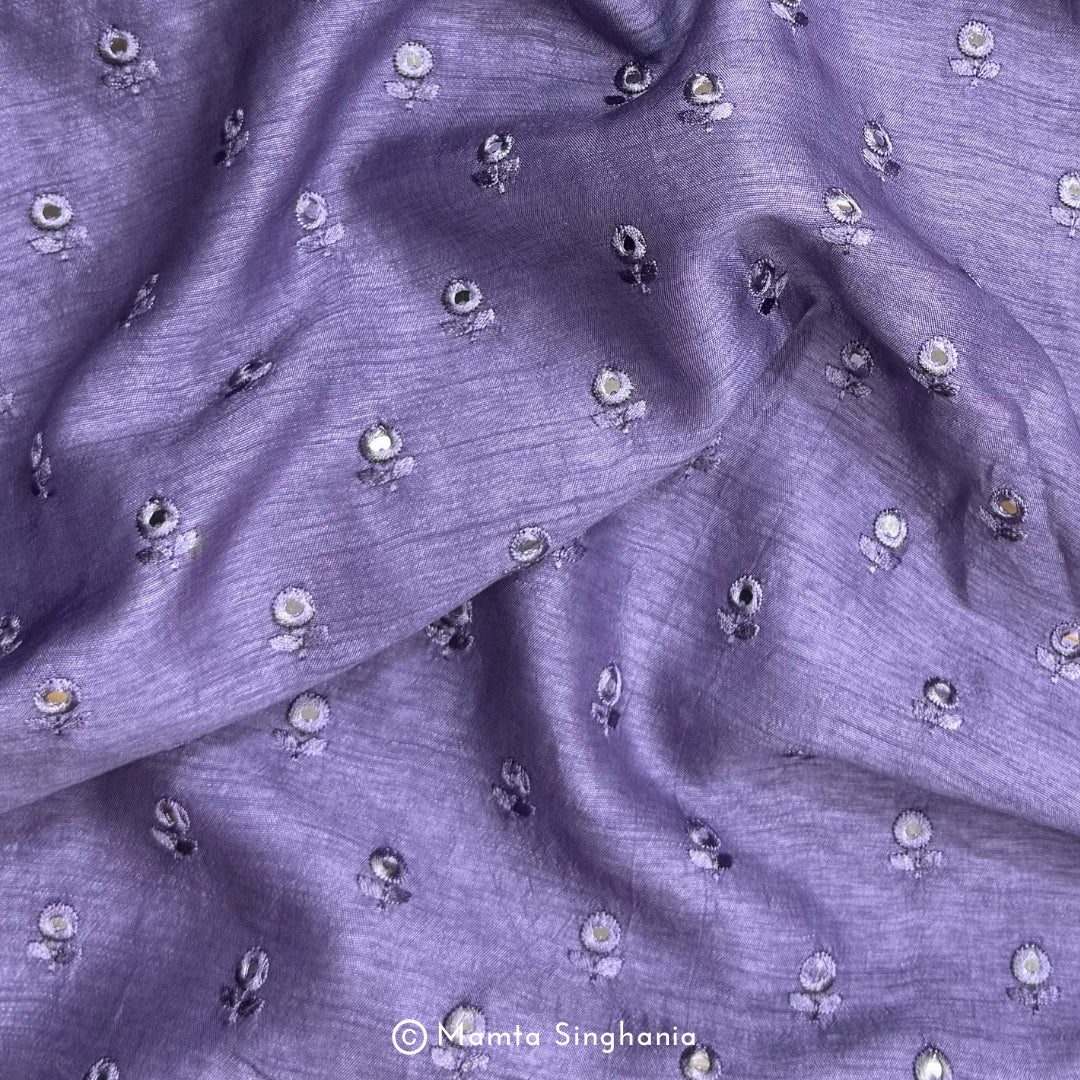 Pastel Violet Mirror Work Embroidered Raw Silk Fabric