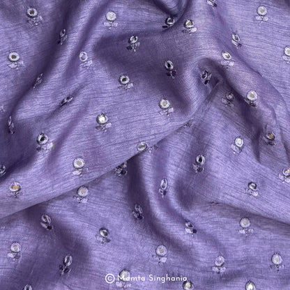 Pastel Violet Mirror Work Embroidered Raw Silk Fabric