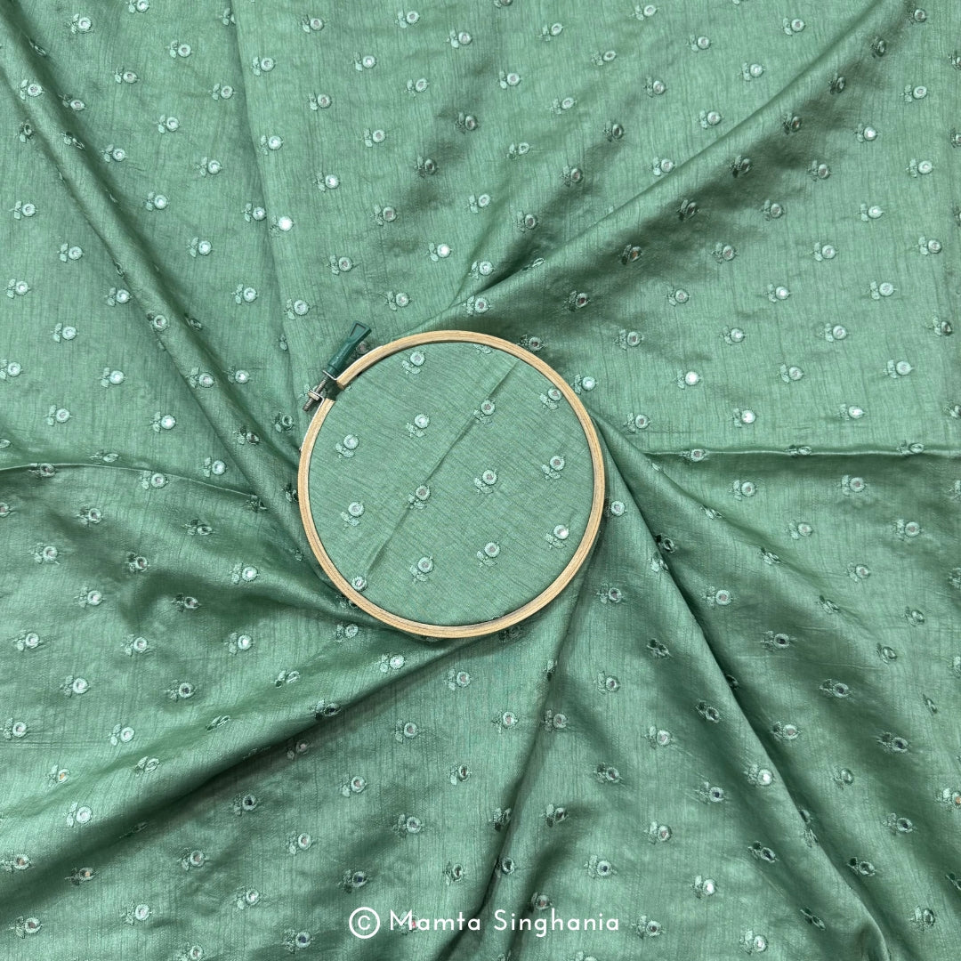 Forest Green Mirror Work Embroidered Raw Silk Fabric