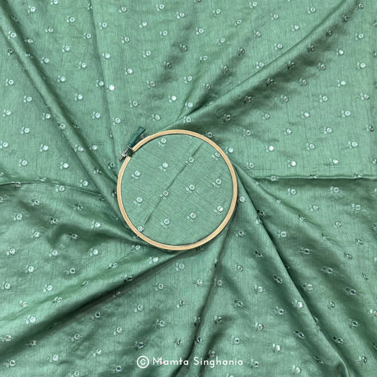 Forest Green Mirror Work Embroidered Raw Silk Fabric