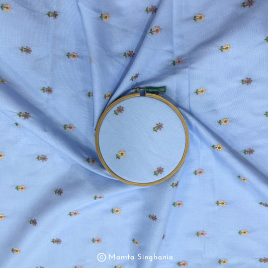Blue Floral Embroidered Linen Fabric