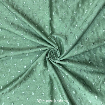 Forest Green Mirror Work Embroidered Raw Silk Fabric