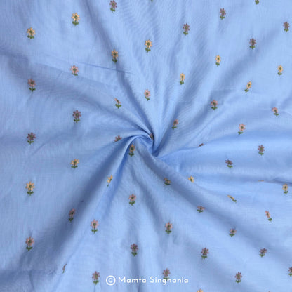 Blue Floral Embroidered Linen Fabric
