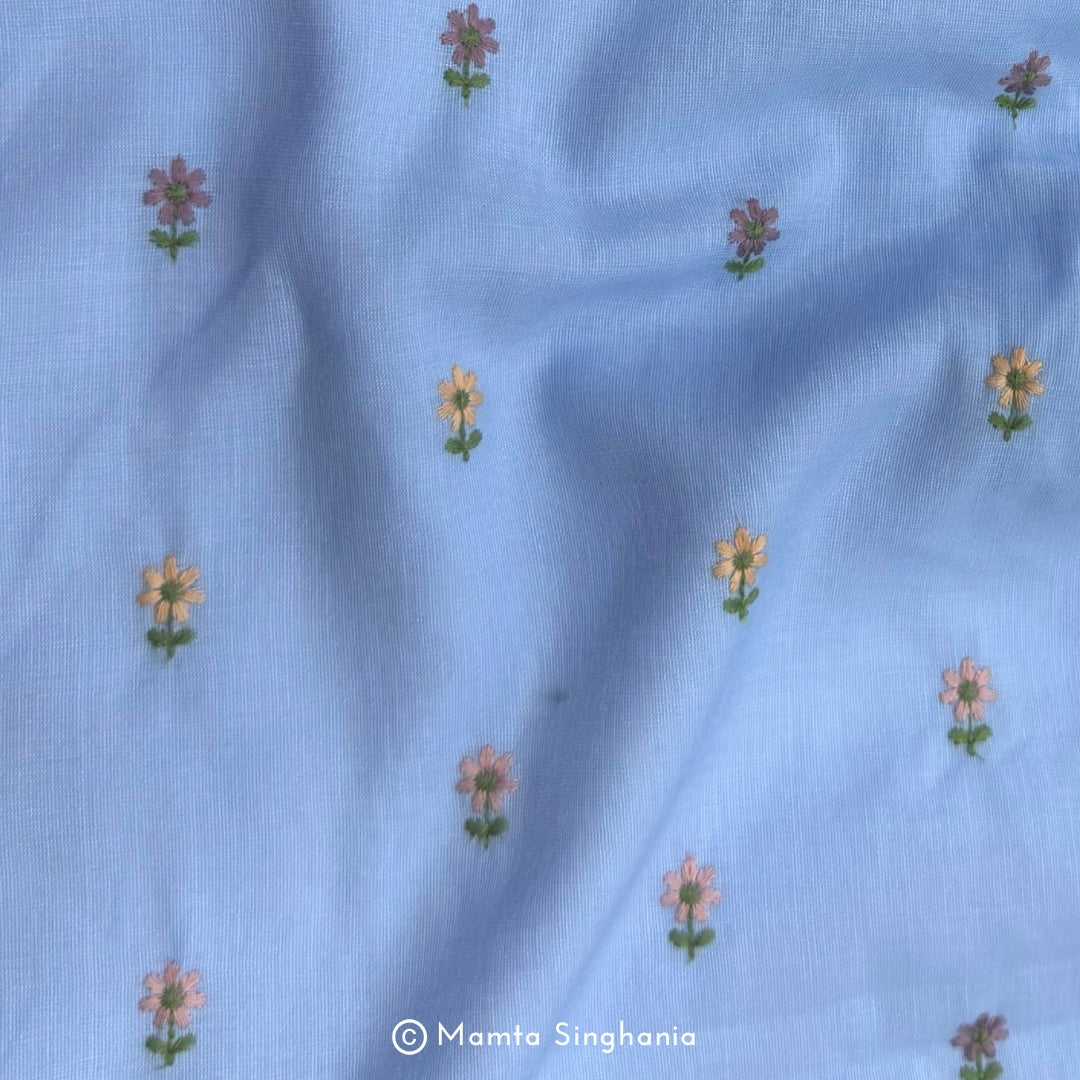 Blue Floral Embroidered Linen Fabric