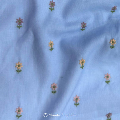 Blue Floral Embroidered Linen Fabric