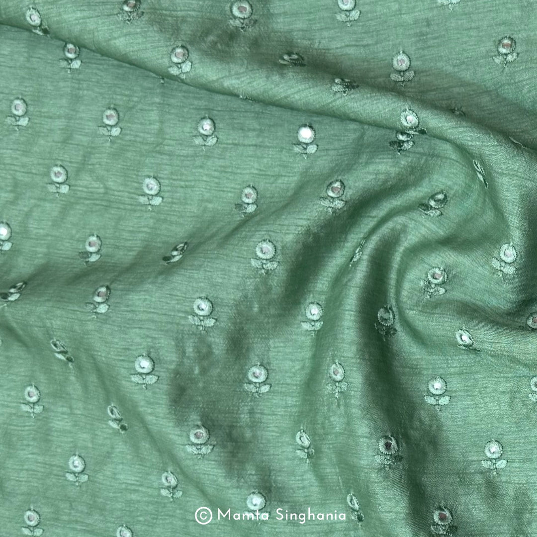 Forest Green Mirror Work Embroidered Raw Silk Fabric