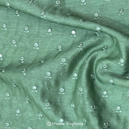 Forest Green Mirror Work Embroidered Raw Silk Fabric