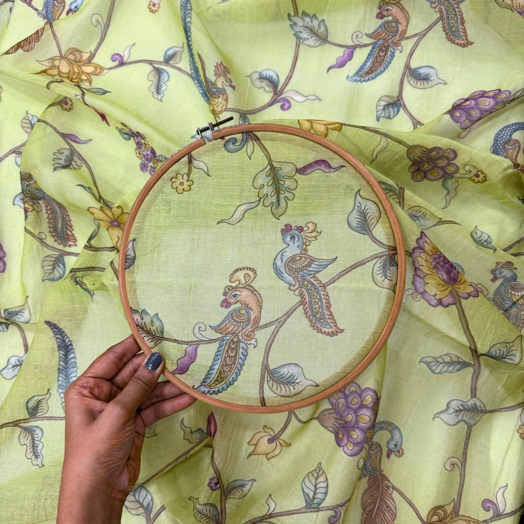 Green Floral Pichwai Printed Mul Chanderi Fabric