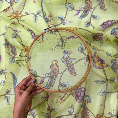Green Floral Pichwai Printed Mul Chanderi Fabric