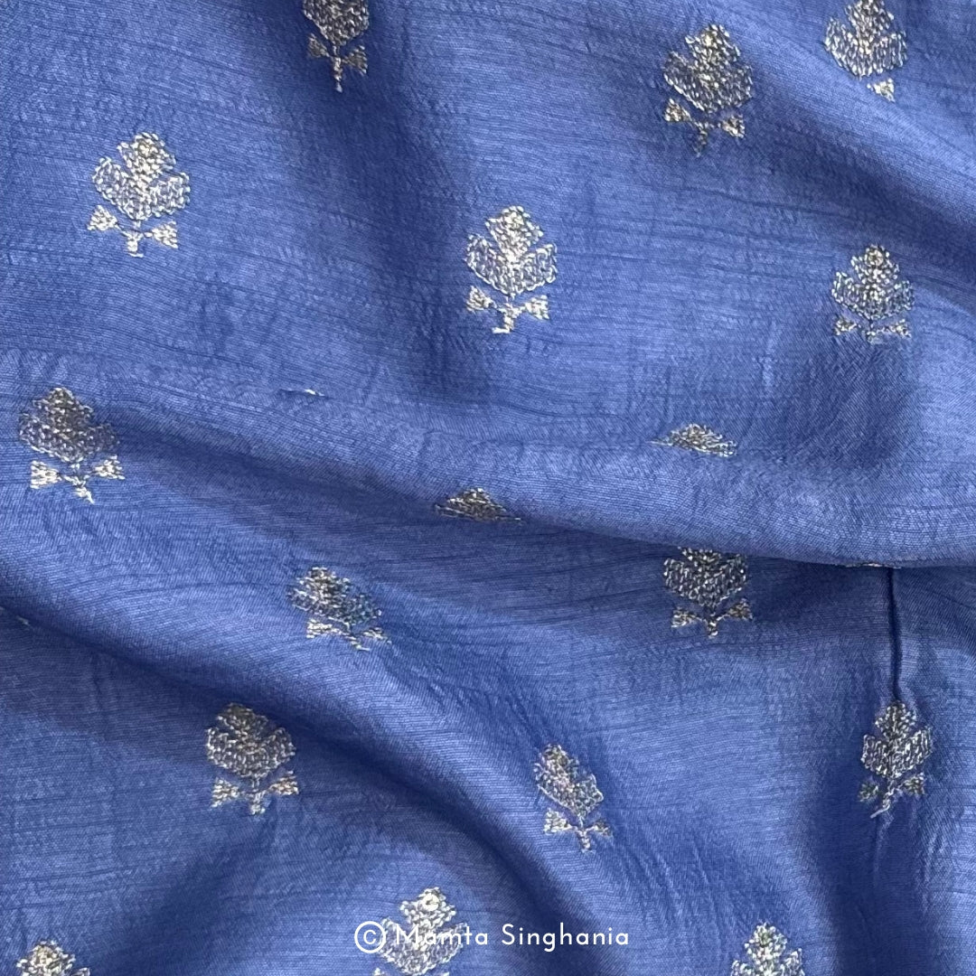 Royal Blue Floral Embroidered Raw Silk Fabric