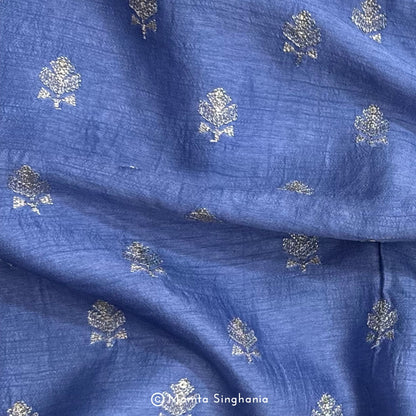 Royal Blue Floral Embroidered Raw Silk Fabric