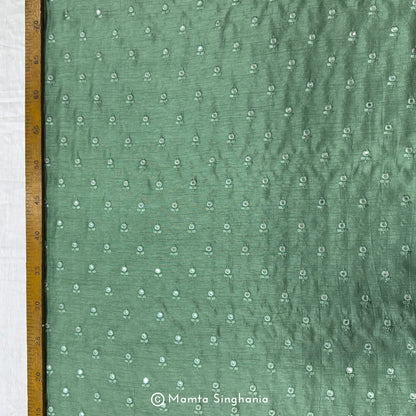 Forest Green Mirror Work Embroidered Raw Silk Fabric