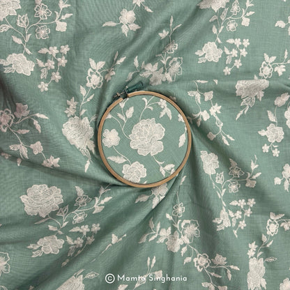 Light Green Floral Embroidered Linen Fabric