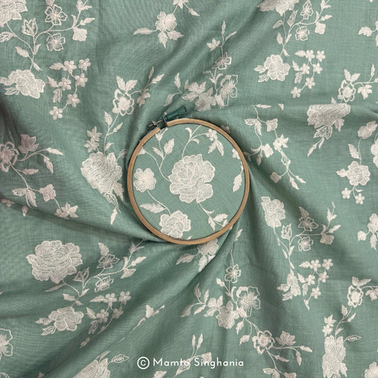 Light Green Floral Embroidered Linen Fabric
