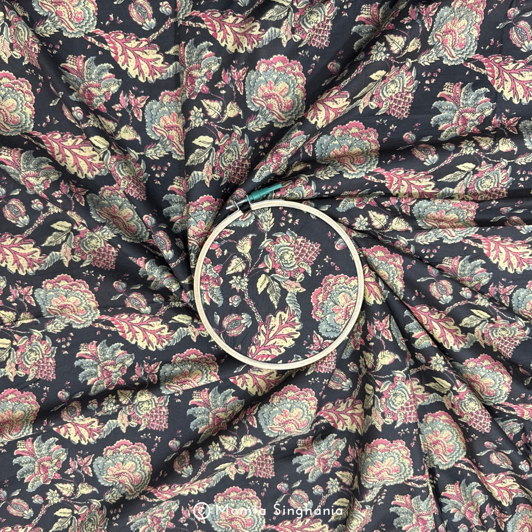 Dark Brown Floral Printed Cotton Fabric