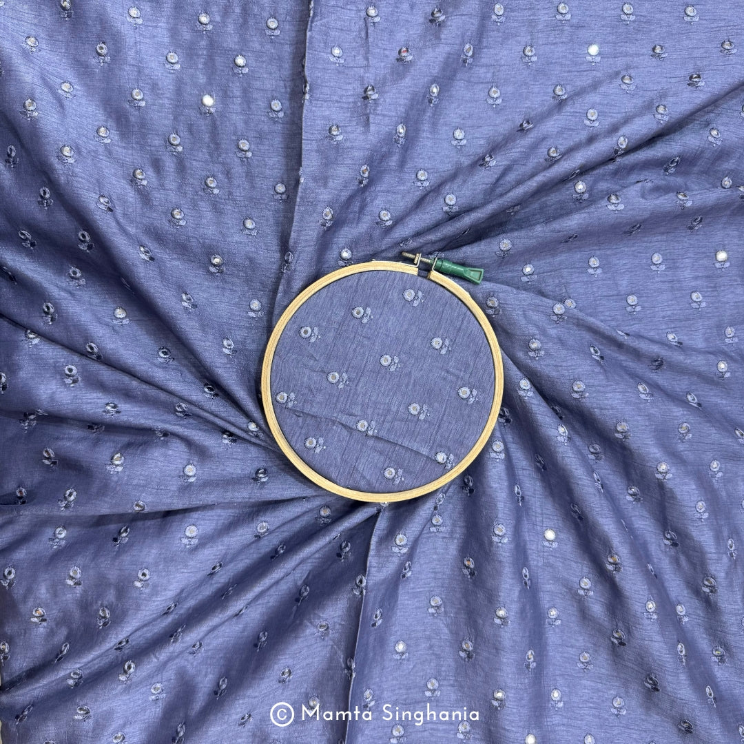 Pastel Indigo Blue Mirror Work Embroidered Raw Silk Fabric
