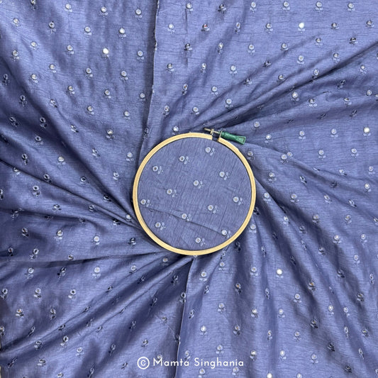 Pastel Indigo Blue Mirror Work Embroidered Raw Silk Fabric