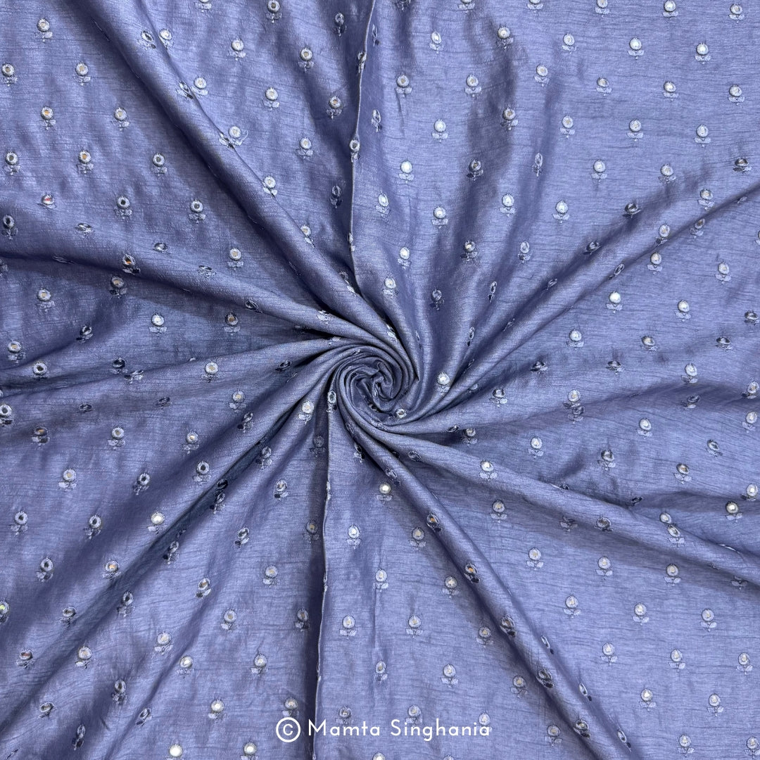 Pastel Indigo Blue Mirror Work Embroidered Raw Silk Fabric