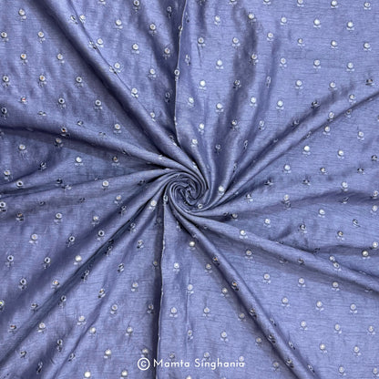 Pastel Indigo Blue Mirror Work Embroidered Raw Silk Fabric