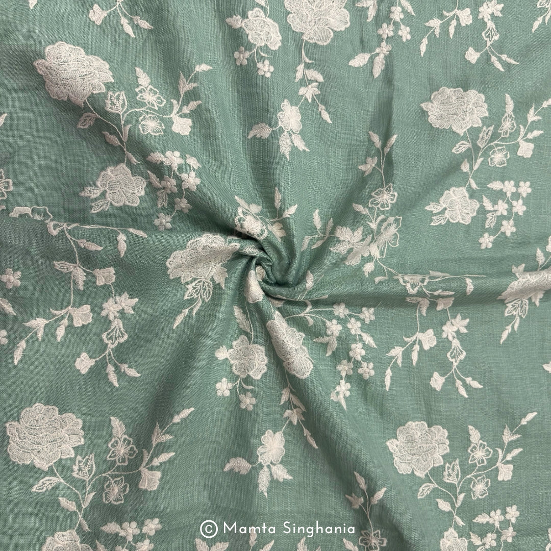 Light Green Floral Embroidered Linen Fabric