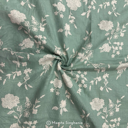 Light Green Floral Embroidered Linen Fabric
