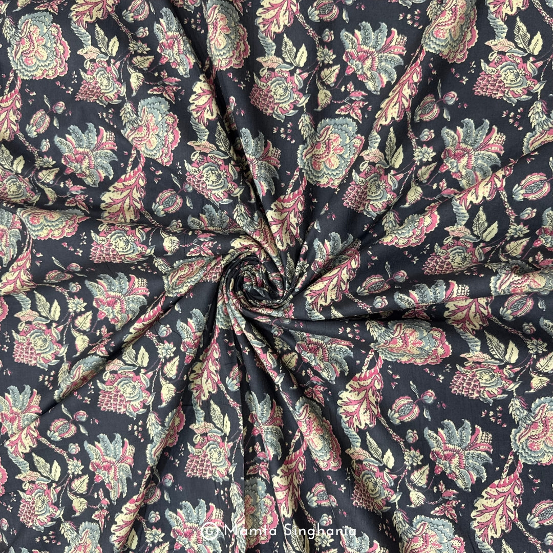 Dark Brown Floral Printed Cotton Fabric