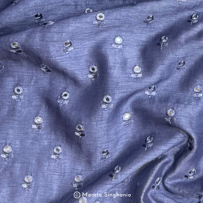 Pastel Indigo Blue Mirror Work Embroidered Raw Silk Fabric