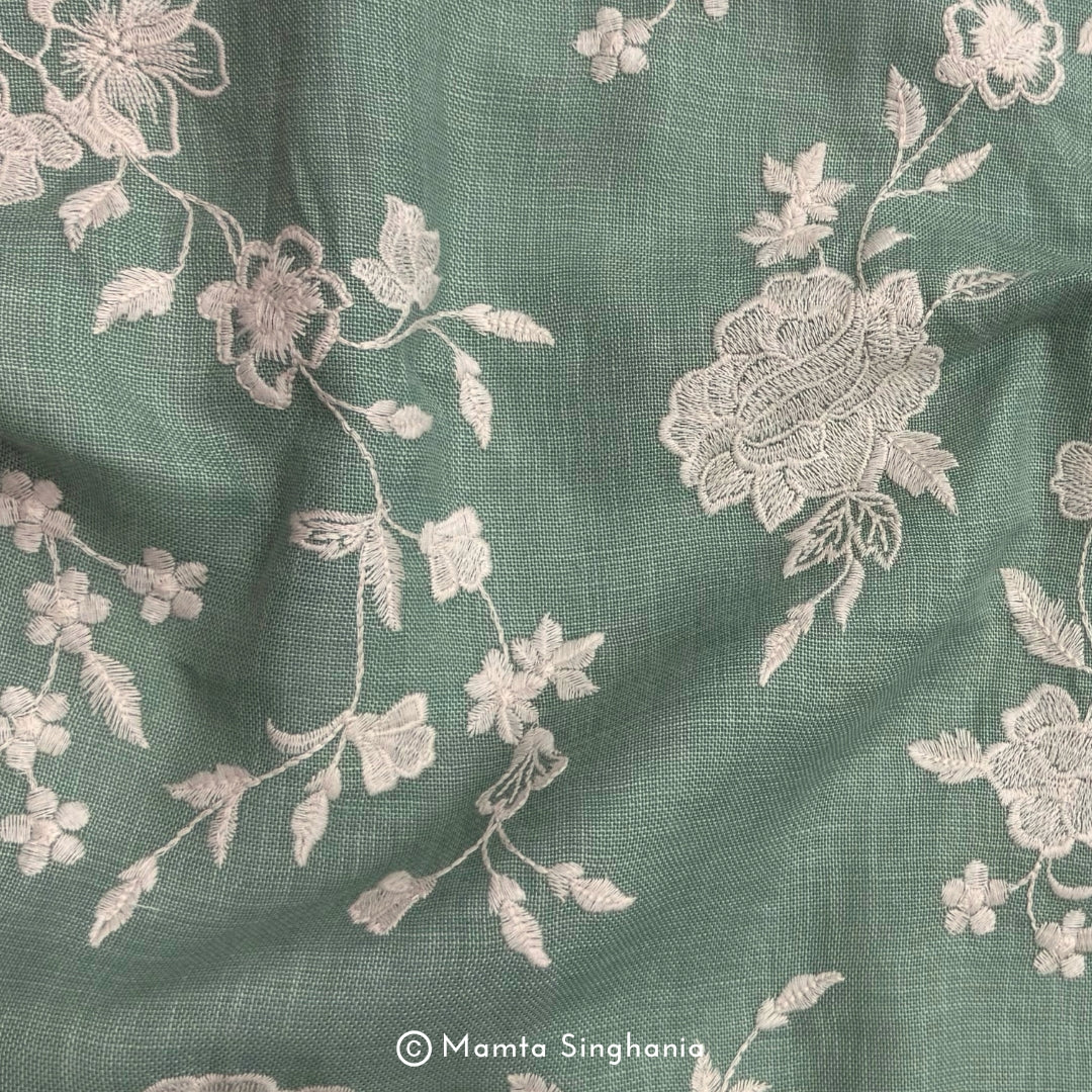 Light Green Floral Embroidered Linen Fabric