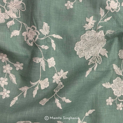 Light Green Floral Embroidered Linen Fabric