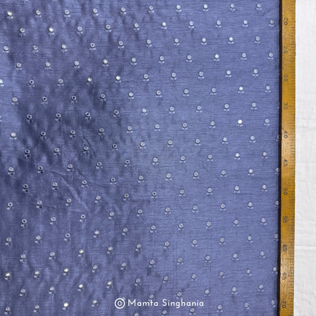 Pastel Indigo Blue Mirror Work Embroidered Raw Silk Fabric