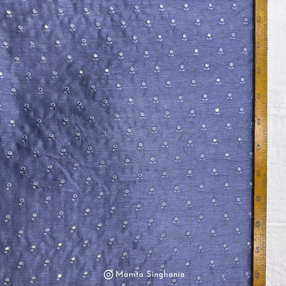 Pastel Indigo Blue Mirror Work Embroidered Raw Silk Fabric