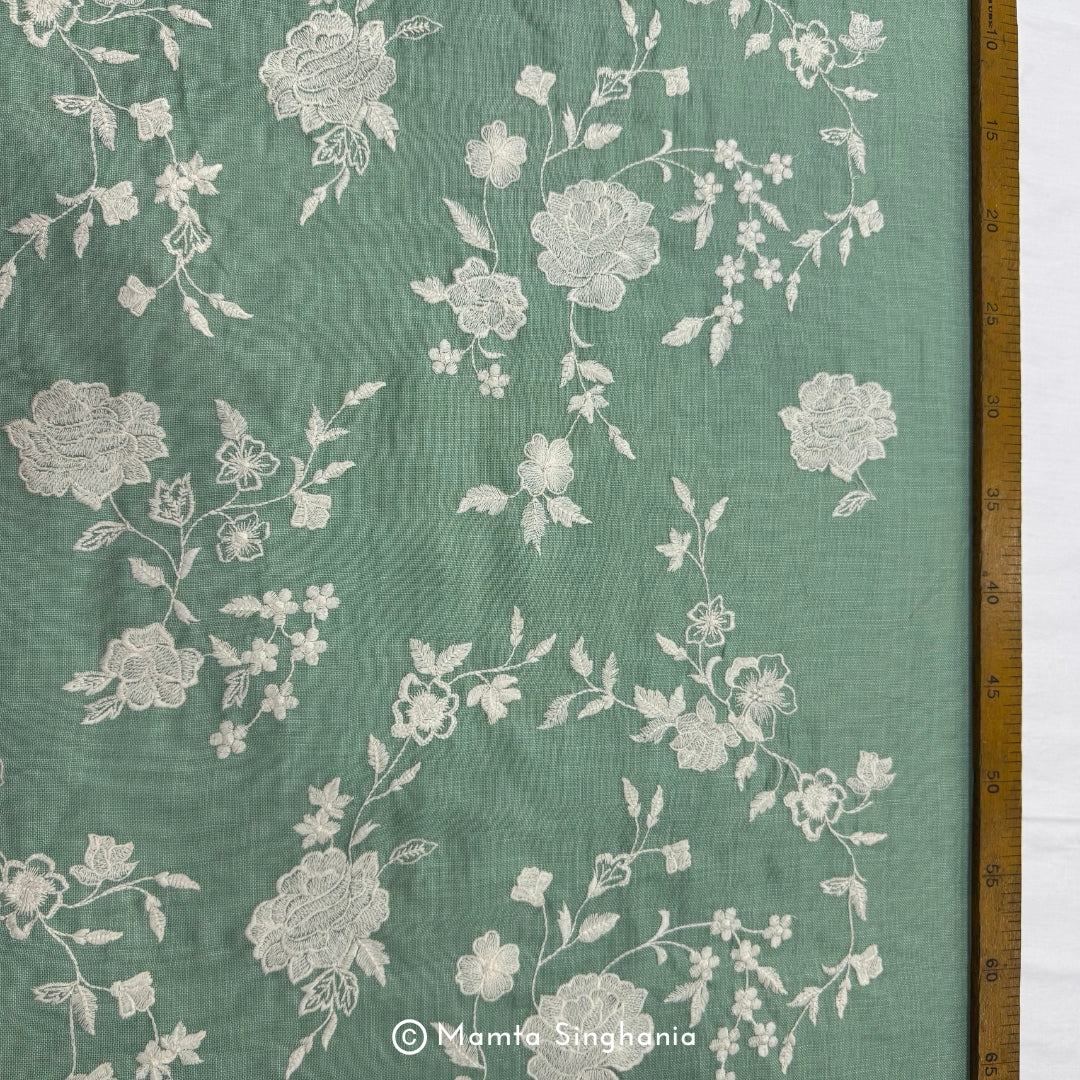 Light Green Floral Embroidered Linen Fabric