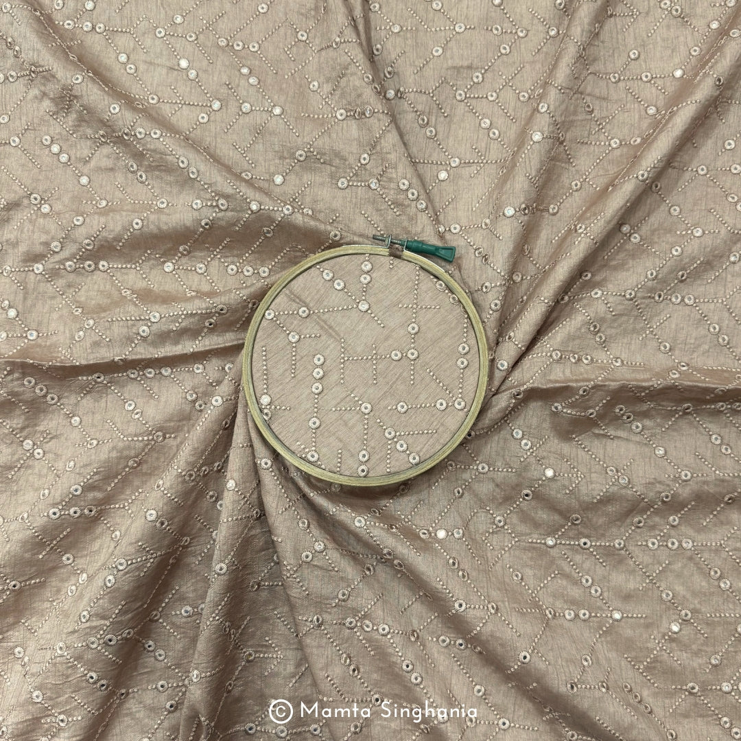 Khaki Brown Mirror Work Embroidered Raw Silk Fabric