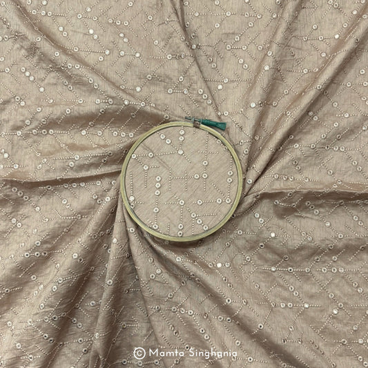 Khaki Brown Mirror Work Embroidered Raw Silk Fabric