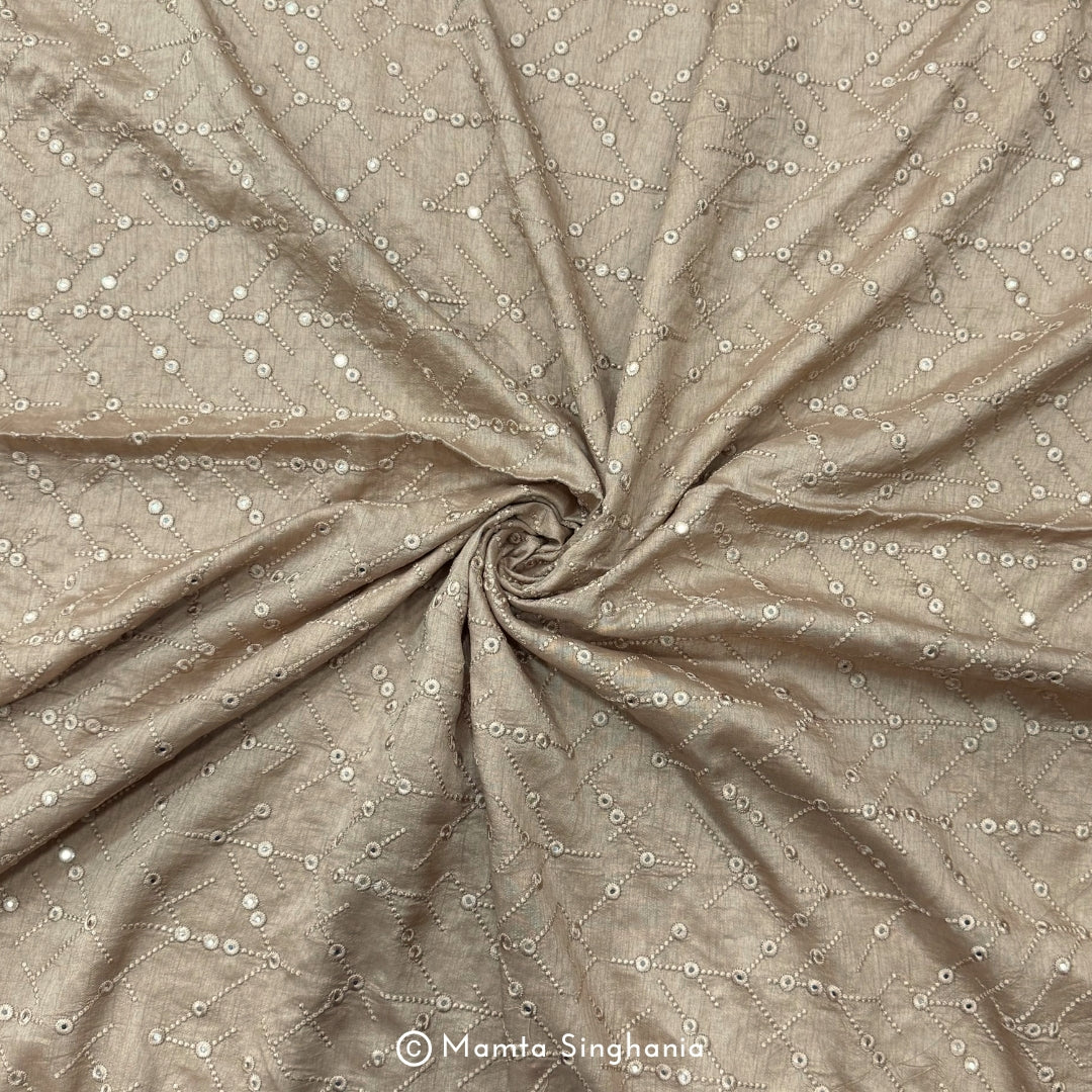 Khaki Brown Mirror Work Embroidered Raw Silk Fabric