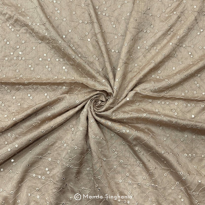 Khaki Brown Mirror Work Embroidered Raw Silk Fabric