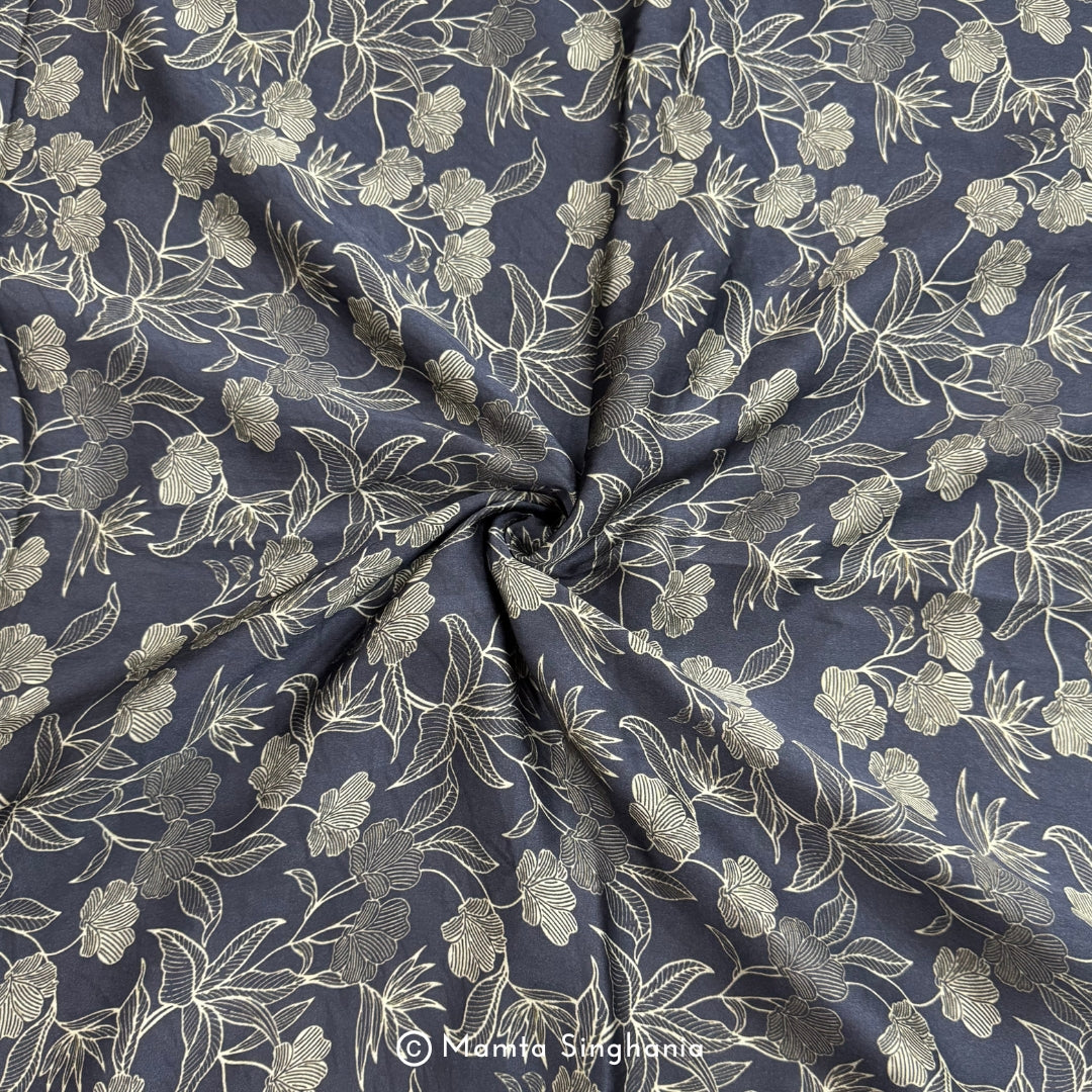 Black Blue Floral Printed Modal Satin