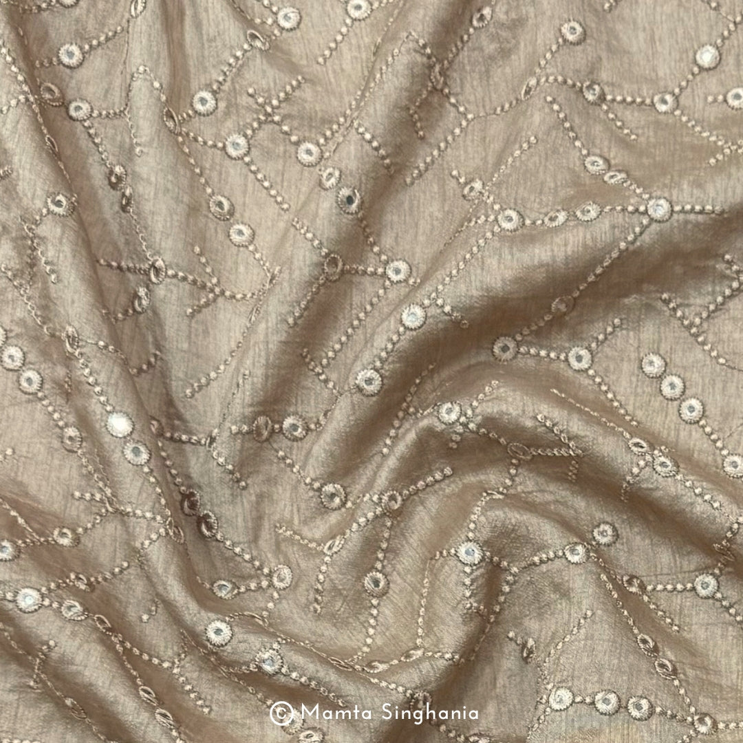Khaki Brown Mirror Work Embroidered Raw Silk Fabric