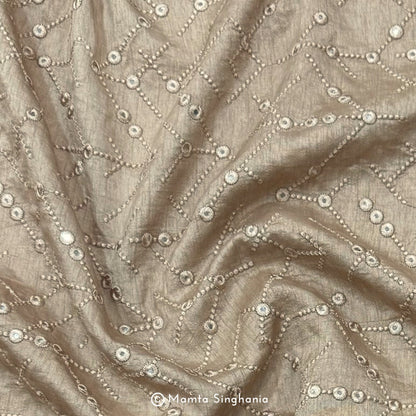 Khaki Brown Mirror Work Embroidered Raw Silk Fabric