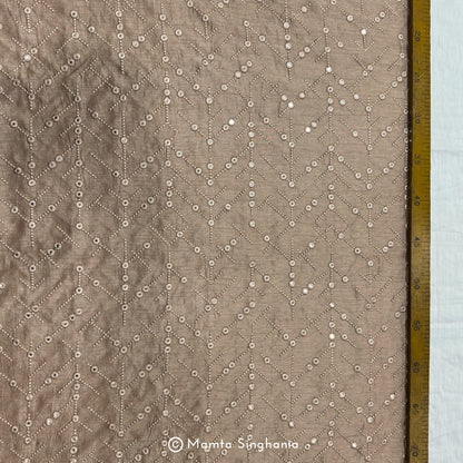 Khaki Brown Mirror Work Embroidered Raw Silk Fabric