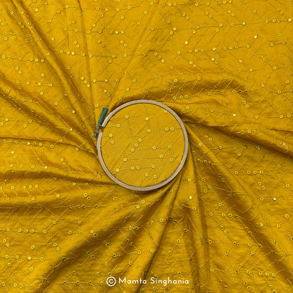 Haldi Yellow Mirror Work Embroidered Raw Silk Fabric