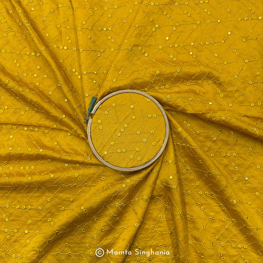 Haldi Yellow Mirror Work Embroidered Raw Silk Fabric