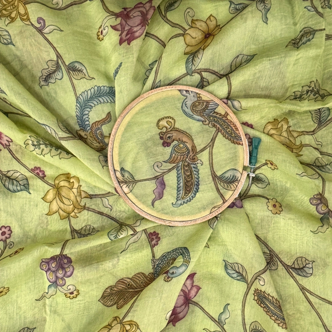 Green Floral Pichwai Printed Mul Chanderi Fabric