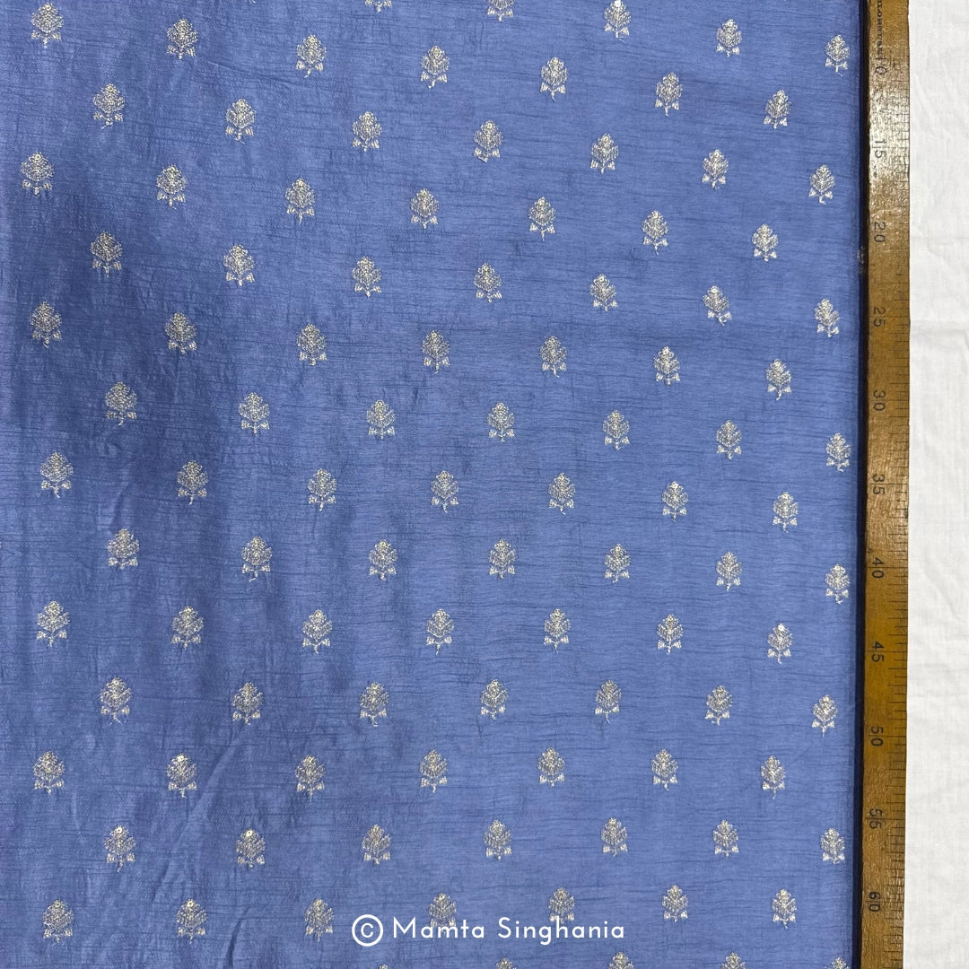 Royal Blue Floral Embroidered Raw Silk Fabric