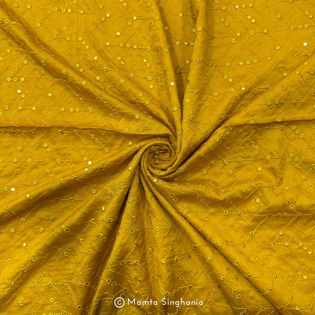 Haldi Yellow Mirror Work Embroidered Raw Silk Fabric